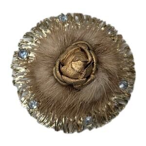 Vintage Mink Brooch Gold Rose MCM Blue Rhinestones